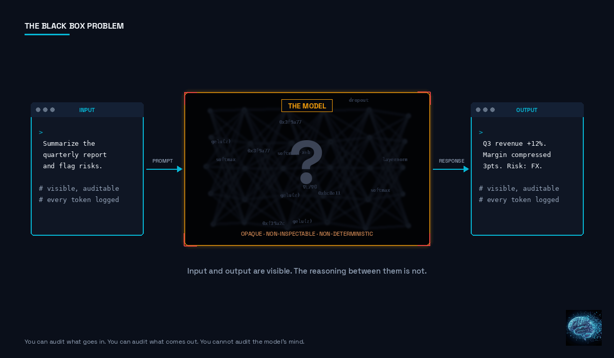 The black box problem — input and output are visible, but the model's reasoning is not